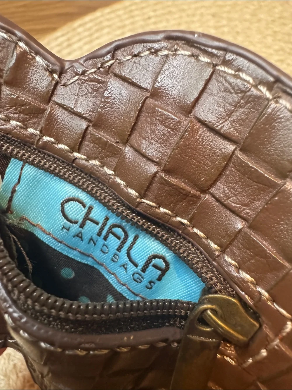 Chala Brown Woven Leather Coin Purse with Turquoise Lined Interior